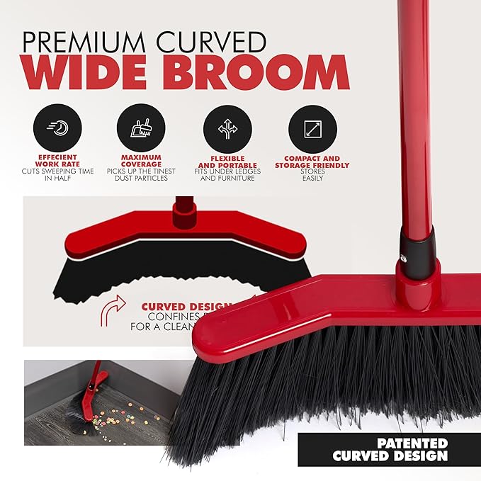 Da Vinci Curved Angle Broom & Dustpan Combo Pack - Heavy Duty Wide Broom for Indoor/Outdoor Sweeping, Steel Telescopic Handle, Durable PVC Bristles, Ideal for Pet Hair, Dust, Kitchen & Rough Surfaces