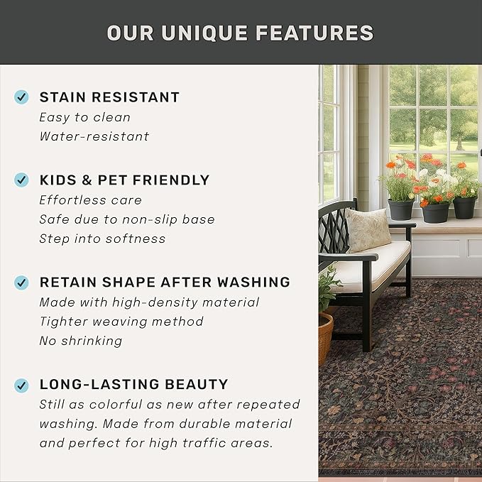 Boho Taupe Brown 3x5 Large Entryway Rug - Modern Vintage Golden Floral Oriental Neutral, Washable Low Pile Non-Slip Area Rugs for Door Mat Indoor Entrance, Kitchen, Laundry