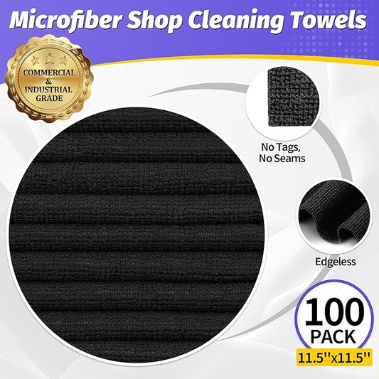 HOMERHYME Microfiber Cleaning Cloth, 100 Pack Black Cleaning Rags Microfiber Towel Bulk Absorbent Lint-Free Wash Cloths, All-Purpose Towels for Cars, Shop, Automotive, Garage, Home & Kitchen