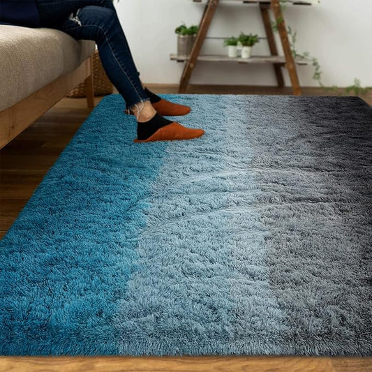 DweIke Luxury Fluffy Kids Rugs for Living Room Bedroom, 4x6 Feet Shaggy Black and Blue Area Rug for Girls Boys, Upgrade Plush Non-Slip and Washable Colorful Fuzzy Carpet for Dorm Nursery Decor