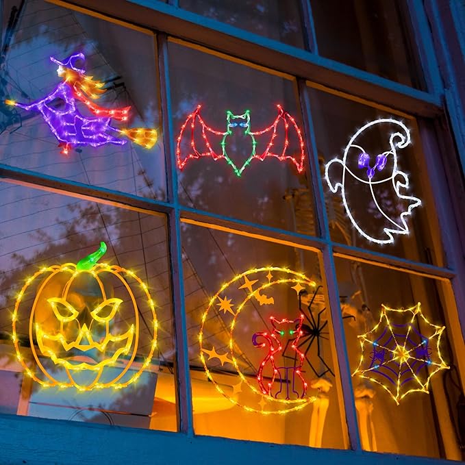 16" Halloween Window Silhouette Lights Decorations - 6 Pack Colour Lighted Cat on Moon & Ghost & Spider Web & Pumpkin & Witch & Bat for Holiday Indoor and Outdoor Wall Door Window Decorate