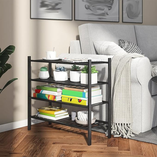 4-Tier Bamboo Shoe Rack for Entryway, Stackable | Heavy Duty | Multi-Function, Free Standing Shoe Racks for Bedroom Hallway Closet(Black)