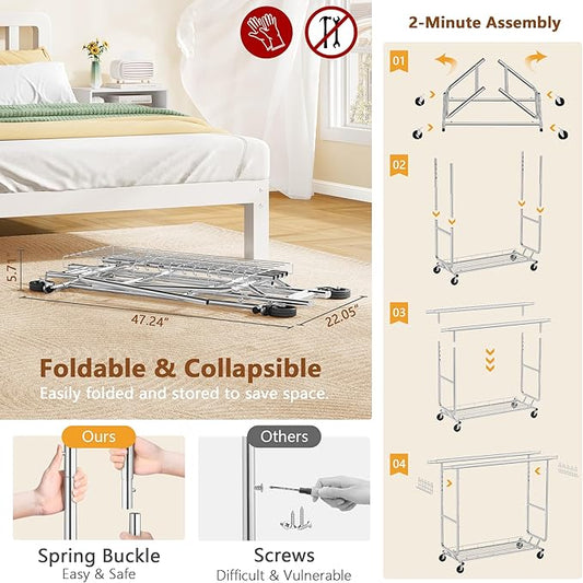 Hoctieon 2-Minute Assembly Double Rod Clothes Rack, Heavy Duty Rolling Clothing Racks with Wheels, Foldable Commercial Garment Rack, Extendable Hanging Bar, Adjustable Metal Pole with Hooks, Chrome