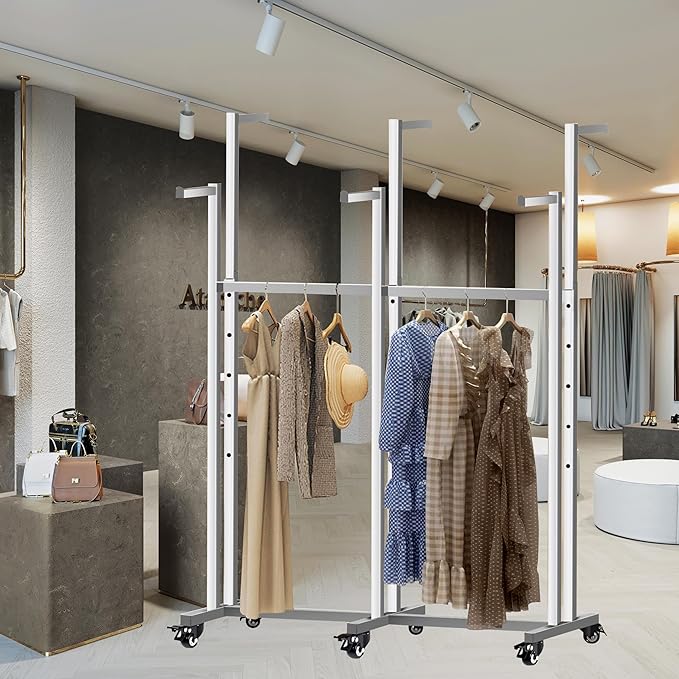 Metal Clothing Rack, 6 Arms Clothes Display Racks with Wheels, Adjustable Floor Standing Garment Rack From 46.85" to 64", Portable Retail Display Stand for Boutique Stores (Silver, 6 Arm/45.66in)