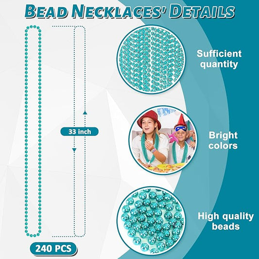 240PCS Mardi Gras Beads, Teal Blue Bead Necklace Party Favors, 33" Mardi Gras Necklace Stuff, Festival Parade Throw Accessories for Wedding Birthday Gender Reveal Party Supplies Decor