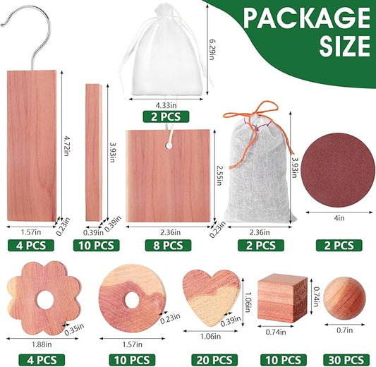ESRICH Cedar Blocks for Clothes Storage 100PCS,Cedars Planks with Metal Hooks, Cedar Wood Chips Cedars Rings and Balls for Closets and Drawers
