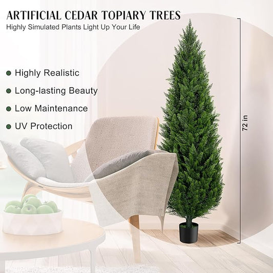 6FT Artificial Cedar Topiary Trees Set of 2,72 Inch Tall UV Protection Fake Cypress Trees for Outdoors, Realistic Potted Pine Plants for Patio, Porch, Home, Doorway Decor