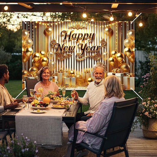 Happy New Year Banner 2026 71 x 43 Inch Gold New Year Party Decoration Photo Backdrop for Celebration Holiday Party Decor Wall Hanging Indoor Outdoor Event