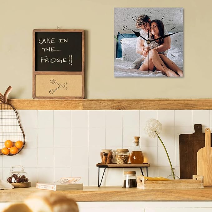 Custom Square Family Wall Clock with Photo Text, Personalized Picture Wall Clocks for Living Room Decor Customized Gift for Christmas Birthday Wedding Valentine's Fits Kitchen Bathroom