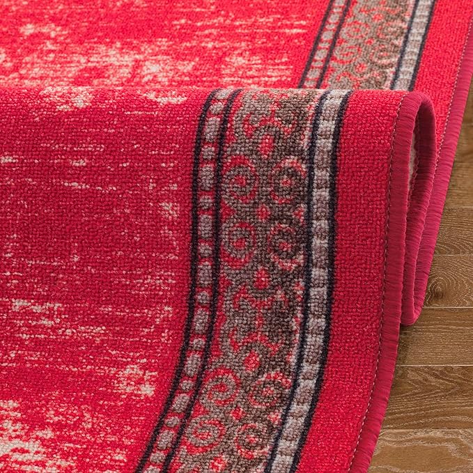 Antep Rugs Alfombras Bordered Modern 2x5 Non-Slip (Non-Skid) Low Pile Rubber Backing Kitchen Area Runner Rug (Red, 2' x 5')