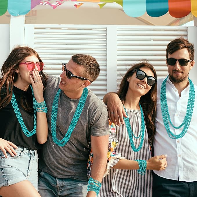 200PCS Mardi Gras Beads, Teal Blue Bead Necklace Party Favors, 33" Mardi Gras Necklace Stuff, Festival Parade Throw Accessories for Wedding Birthday Gender Reveal Party Supplies Decor