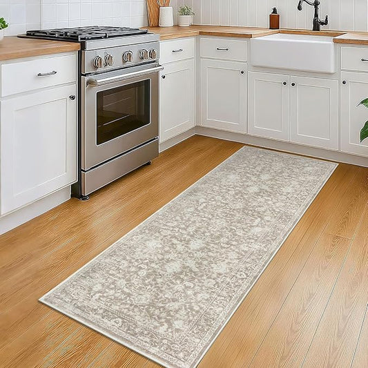 KILOCOCO Hallway Runner 2x5 Kitchen Runner Rug Printed Vintage Floral Washable Non-Slip Runners for Hallways Laundry Room Rugs Distressed Boho Rug for Bedroom, Beige