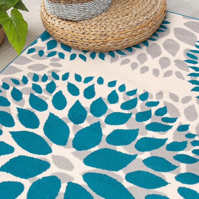 Rugshop Modern Blue Floral Circles Design Area Rug – Elegant Non-Shedding, 3'1" x 5' for Living Room, Bedroom, Dining Room, Kitchen