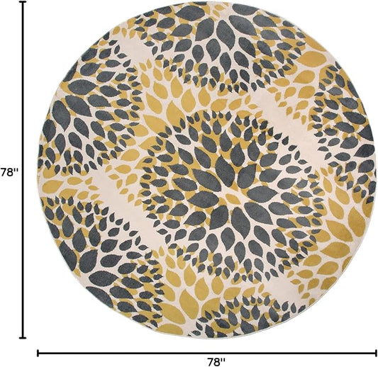Rugshop Modern Yellow Floral Circles Design Area Rug – Elegant Non-Shedding, 6'6" Round for Living Room, Bedroom, Dining Room, Kitchen
