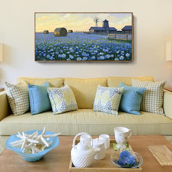 ARTZON Large Framed Wall Art for Living Room Farmhouse Blue Flower Barn Picture Country Sunset Floral Wildflower Landscape Canvas Print Nature Rustic Horizontal Artwork Bedroom Office Decor 48"×24"