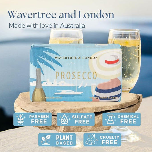 Wavertree & London Prosecco Scented Natural Soap Bar, 7oz Moisturizing French Triple Milled Soap Bar for Women & Men Enriched with Organic Shea Butter, Pure Bath & Body Soap (1 Bar)