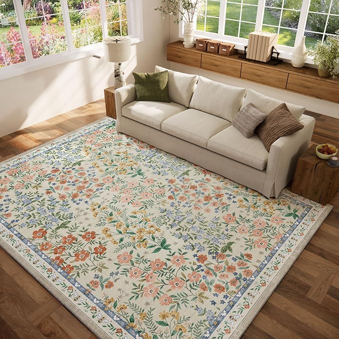 Machine Washable Rugs for Living Room: 6x9 Area Rugs for Bedroom Vintage Stain Resistant Non Slip Low Pile Lightweight Soft Carpet for Dining Room Kitchen Farmhouse Kids Room Nursery Indoor