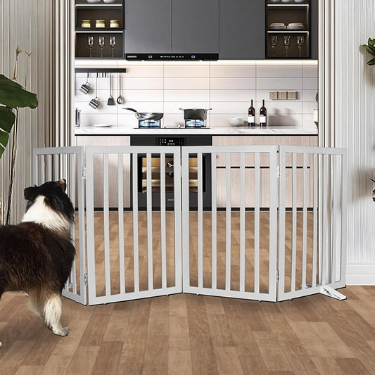 Dog Gate Indoor, Freestanding Dog Fence for The House, Doorways, Hallways,or Stairs,Pet Gate Foldable Wooden,Expandable 32" Height 4 Panels,Grey