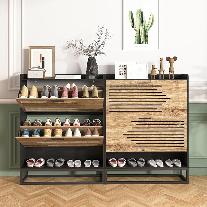 Vibe & Dine Shoe Storage Cabinet for Entryway, Narrow Shoe Cabinet with 2 Flip Drawers, Slim Shoe Rack Cabinet with Storage Shelf and Top Cubby, Modern Wall Hidden Shoe Cabinet, Black, Wide