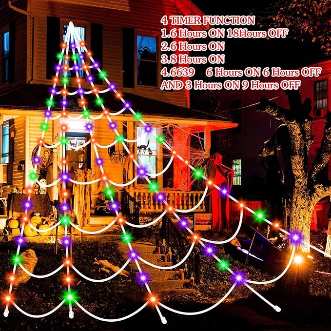 Halloween Decorations Spider Webs Lights: 150 Purple & Orange & Green LED Halloween Lights Decor Outdoor, 17.4Ft Giant Spiderweb with 8 Lighting Modes Waterproof & Timer, Yard Spider Web Decoration
