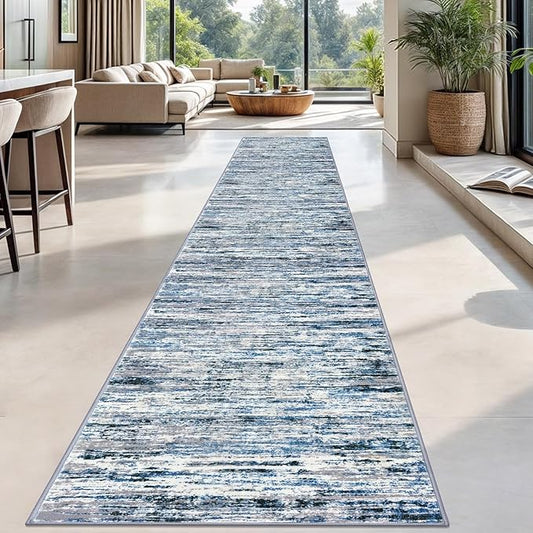 Modern Abstract Runner Rug 2.6x18, Grey Blue White Washable Long Kitchen Runner Non-Slip Soft Hallway Rug Runner Thin Print Faux Wool Carpet for Entryway Bedroom Laundry Room Indoor Home Decor