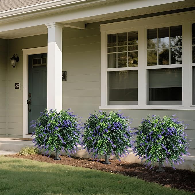 Artificial Lavender Boxwood Topiary Ball Trees Set of 2, UV Resistant Artificial Shrub Bushes with Ground Spike, Fake Evergreen Artificial Plant Bushes for Front Porch, Garden, Indoor, Outdoor