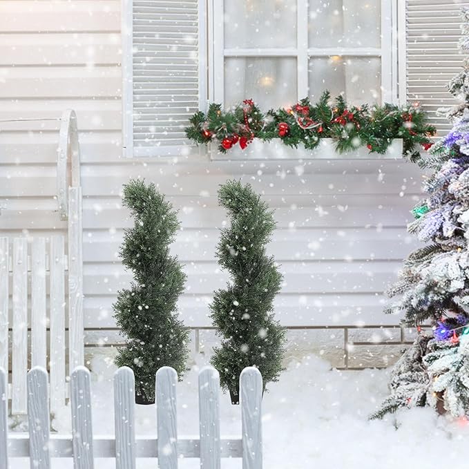THE BLOOM TIMES 3ft Spiral Artificial Topiary Trees Set of 2, 36 inch Faux Cedar Trees for Outdoor Planters - Fake Twist Cypress Plants for Garden Front Porch Indoor Outside Christmas Decor 3 Foot