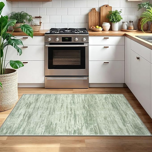 3x5 Modern Abstract Area Rug for Entryway, Light Sage Green and Ivory Super Soft Washable Rug with Non-Slip, Low-Pile Door Mat Indoor for Living Room Bedroom, Carpet with Non-Shedding