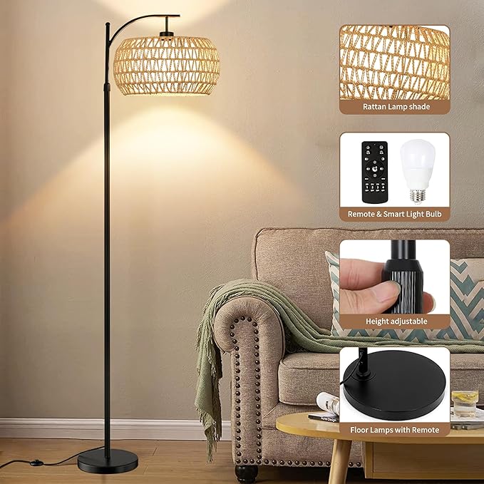 Arc Rattan Floor Lamp for Living Room with 3 Color Temperatures,Farmhouse Floor Lamps with Remote & Dimmable Bulb,Boho Standing Lamp with Wicker Shades,Adjustable Tall Lamp for Bedroom Office Reading
