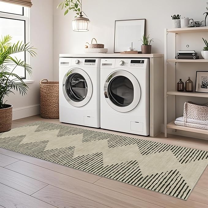 HelloTree Hallway Runner Rug,2x6 Moroccan Modern Stripe Carpet Washable Machine Bathroom Runner Bohemian Design Modern Soft Non Slip Indoor Rug for Entryway Hallway Laundry Room Bedroom-Cream
