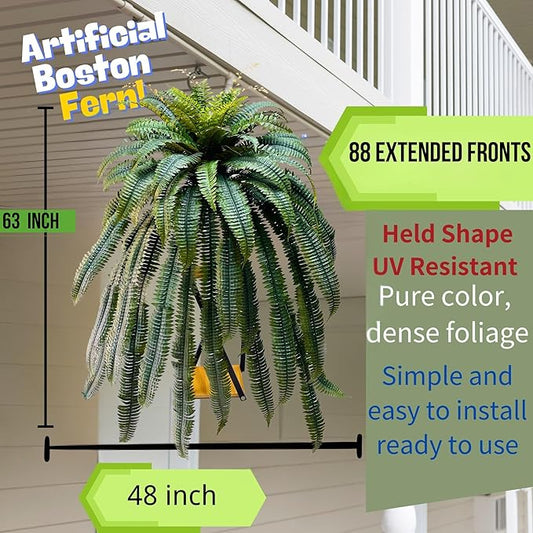 Giant Artificial Boston Ferns for Outdoors Large,Uv Resistant Lifelike Artificial Plants Large,Faux Fern Silk Ferns Look Real,Fake Fern for Outside 88Branches Extended Olive Green,No Base.