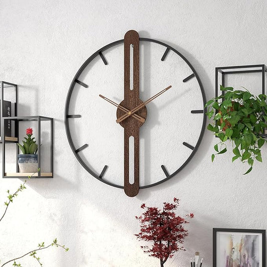 Modern Walnut Dial Wall Clock, Wood Large Wall Clock Decor Metal Frame Silent Non Ticking for Living Room, Bedroom, Kitchen, Study Decoration, Handmade Home Present Idea, 24 in (60 cm)