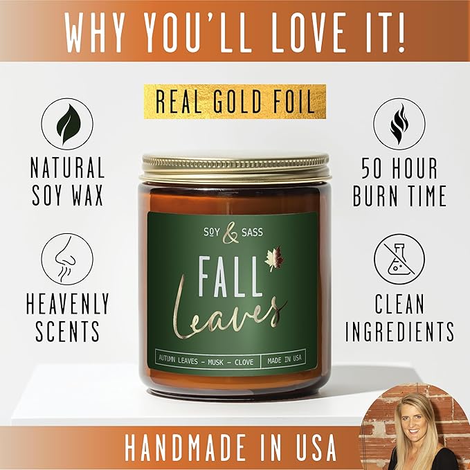 Fall Candles - 'Fall Leaves' Fall Candle w/Autumn Leaves, Clove & Musk I Infused with Essential Oils I Autumn Fall Scented Candles I Cozy Cute Fall Décor Fall Gifts I 9oz Jar I 50Hr Burn I Made in USA
