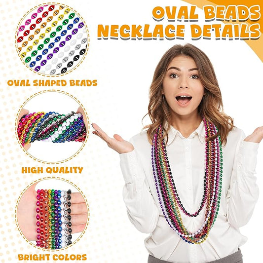 Marid Gras Beads, 100PCS Oval Bead Necklace Party Favors, Metallic 10 Kinds of 32" Beaded Necklaces Stuff, Festival Parade Beads Bulk Throw Accessories for Mardi Gras Birthday Celebrations Decor