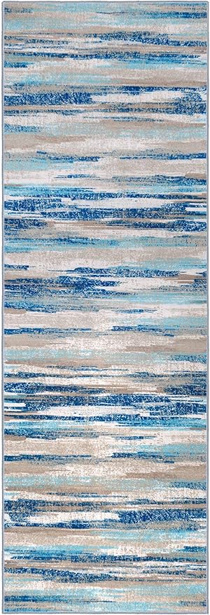 Modern Abstract Runner Rug 2.6x16, Blue Washable Long Kitchen Runner Non-Slip Soft Hallway Rug Runner Thin Print Faux Wool Carpet for Entryway Bedroom Laundry Room Indoor Home Decor