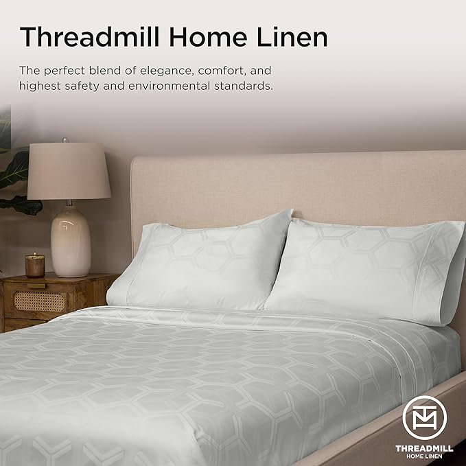 Threadmill 100% Cotton Sheets for King Size Bed - 600 Thread Count King Bed Sheets Set with 16” Deep Pocket - Jacquard Sateen Weave 4-Piece Bedding Set with Cooling Effect, Light Grey