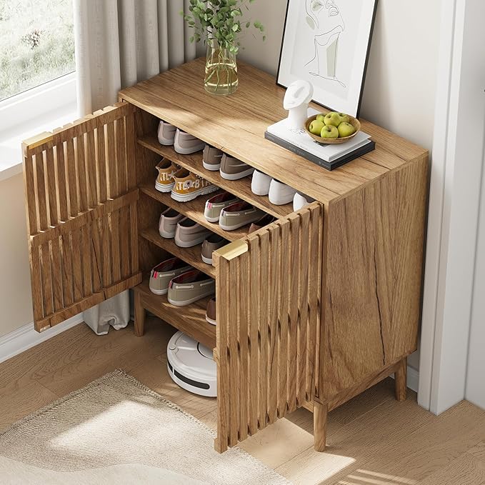 Shoe Storage Cabinet with Ventilated Slatted Doors, Wooden Shoe Organizer, Shoes Rack for Entryway, Hallway, Living Room