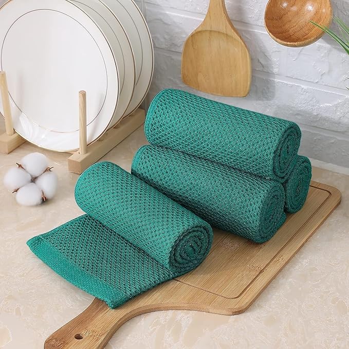 Kitinjoy 100% Cotton Kitchen Towels and Dishcloths Set, 8 Pack Waffle Weave Dish Towels Ultra Soft Absorbent Quick Drying Dish Rags, 13 x 28 Inch and 12 X 12 Inch, Teal