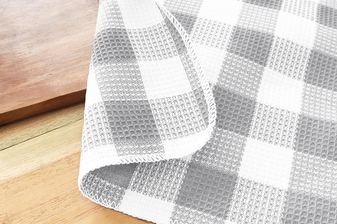 Waffle Weave Plaid Dish Cloths, 100% Cotton - 12 x 12 Inches, Ultra Soft Absorbent Quick Drying Dish Towels Buffalo Check Dish Rags for Kitchen, 8 Pack - Fall Thanksgiving - Grey & White