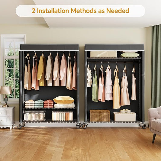 H4 Plus Rolling Garment Rack with Cover, Heavy Duty Clothes Rack with Wheels, Portable Closet for Hanging Clothes, Wardrobe Closets Organizer Storage, Black Closet Rack with Black Fabric Cover