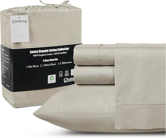 Organic Cotton Sheets Full Size Bed Set Deep Pockets, 300 TC Cotton Full Sheet Set, Soft Breathable Sateen Weave Elasticated Sheet & Pillowcase Sets, No Pill & Shrink, Machine Washable - Silver
