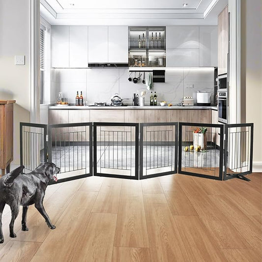 ZJSF Freestanding Dog Gate Indoor, Foldable Dog Fence for Doorways,Hallways or Stairs, Sturdy Wood Extra Wide Pet Gate with Support Feet,Black,24 "Height-6 Panels