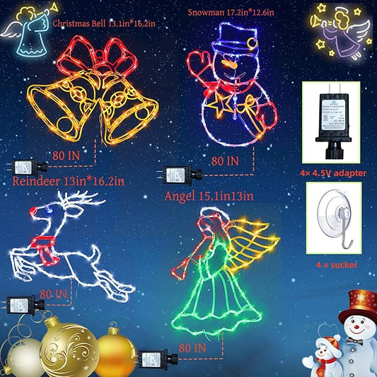 Christmas Decorations - 16" Christmas Window Silhouette Lights - 4 Pack Colour Lighted Bell & Reindeer & Snowman & Angel for Holiday Indoor and Outdoor Wall Door Window Decorate