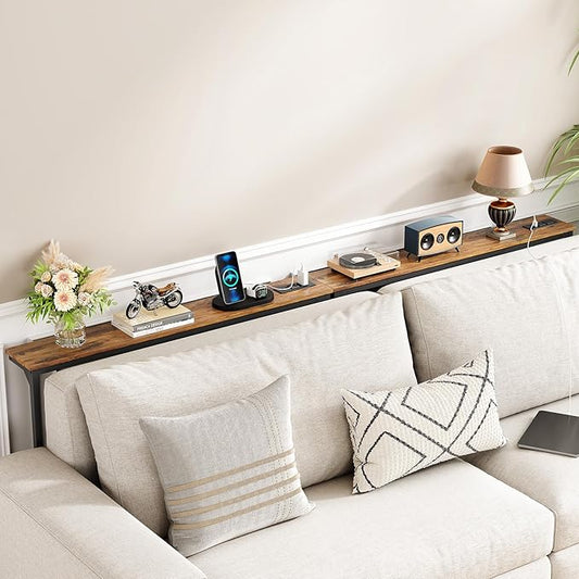 Kitstorack 2-Pack Narrow Console Table with Adjustable Height (25"-33") & 2 Power Outlets, Skinny Behind Couch Table, 79" Long x 5.9" Wide Sofa Side Table for Living Room, Rustic Brown | 2-Pack, Behind Sofa Couch