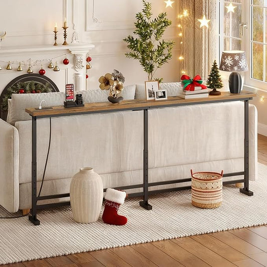 70.9" Console Table with Adjustable Height (27.6"-35.4") and Power Outlet, Skinny Behind Couch Table, Narrow Long Sofa Table for Living Room, Hallway, Entryway, Rustic Brown and Black CT08UBR