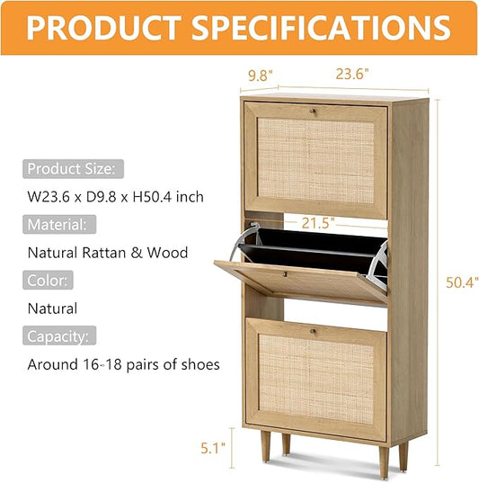 Narrow Shoe Cabinet with 3 Flip Drawers Set of 2 Hidden Freestanding Shoe Rack with Rattan Doors Wooden Shoe Storage Cabinet with Wood Legs for Entryway Slim Hallway Apartment, Natural Oak