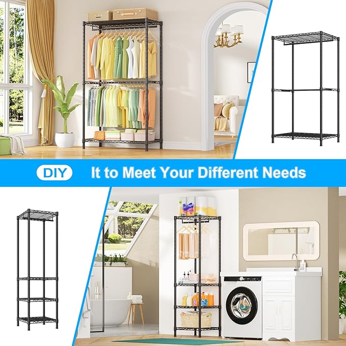 Ulif E10 Clothes Rack(With Stretchable Hanger Rod)Freestanding Clothing Racks for Hanging Clothes,Adjustable Closet Organizer System,Portable Garment Rack 73-97"W x 15" D x 72" H,Max Load 800LBS,Black