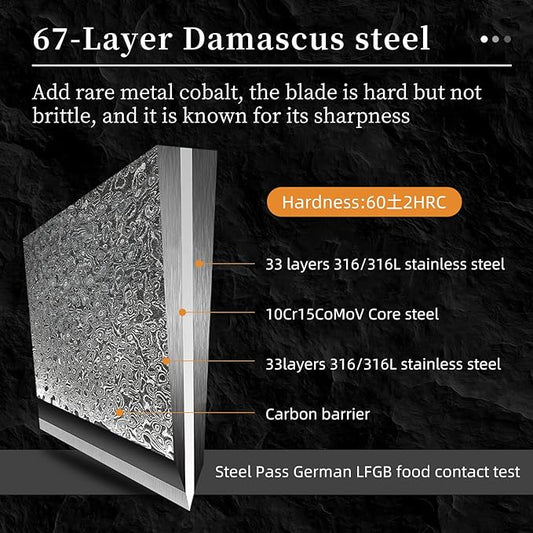Damascus Kitchen Knife Set with Block - Razor Sharp 67-Layer VG10 Steel, Triple Rivet Handles, Chef, Santoku, Utility, Bread & Paring Knives, Sharpener, Shears, Grey, 9 Pcs