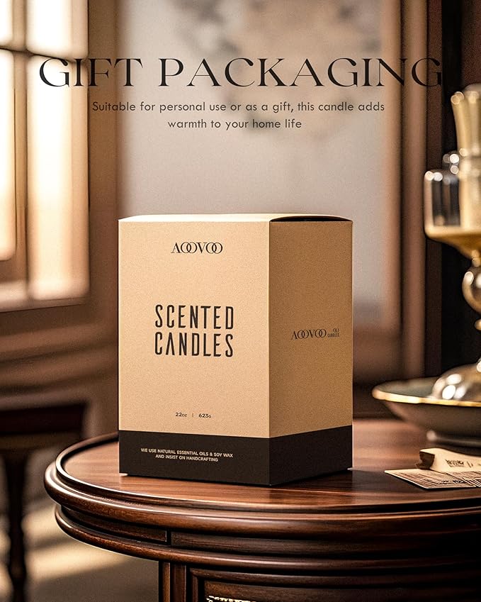 AOOVOO Scented Candles for Men - Large 22oz 120 Hours of Burn Time, Oud & Sandalwood Candles for Home Scented | Crackling Wood Wick Soy Candle | Strong Fragranced Black Candle Gift for Women & Men