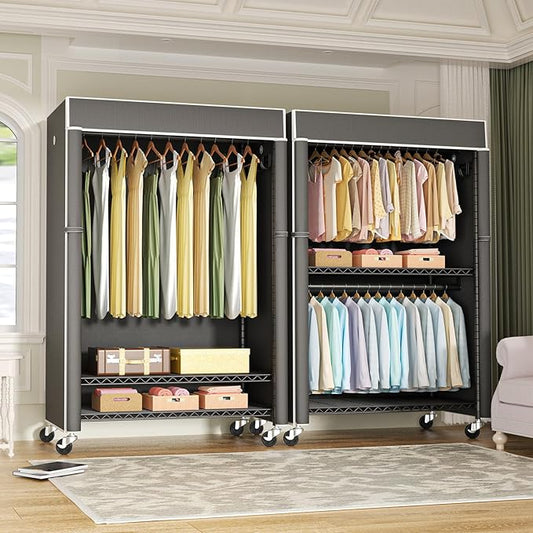 Black Clothing Rack with Dark Gray Cover, P1C Plus Rolling Closet with Wheels, Metal Garment Rack for Hanging Clothes, Clothing Storage Wardrobe, 46" W x 18.5" D x 80.7" H, Load 524 Pounds
